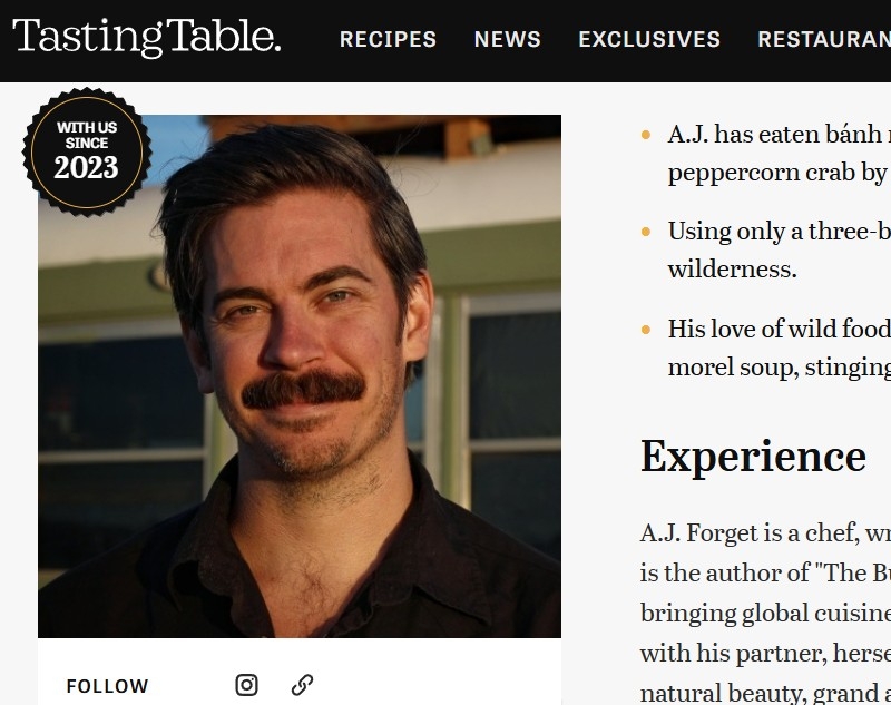 a screen grab of A.J. Forget's bio on Tasting Table